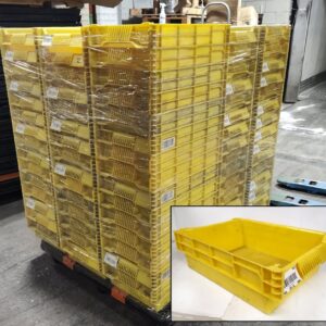 Pallet Of 133 Plastic Yellow Storage Bins Nestable Heavy duty tote 20.5 x 13.5 x 6